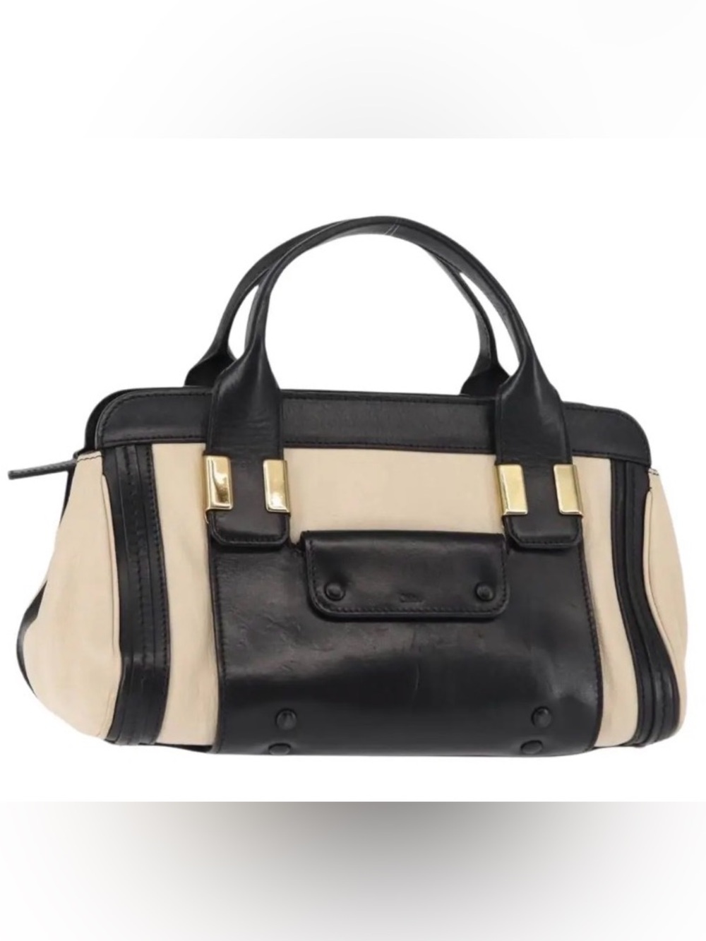 Chloe Alice Leather Two-Tone Black and Cream Structured Satchel